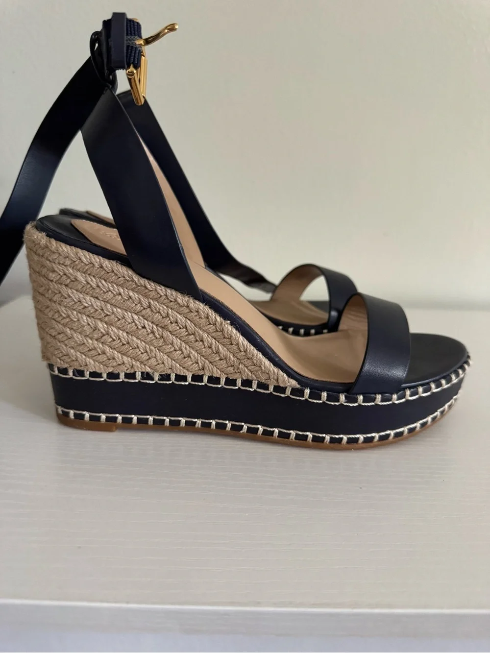 Lauren Ralph Lauren Black Espadrille Wedge Sandals with Gold Buckles